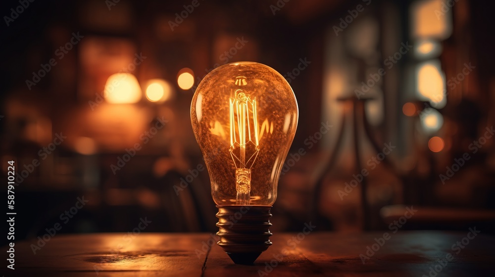Poster  a light bulb sitting on top of a wooden table in a dark room with a light bulb on top of the table and a light bulb on top of the table.  generative ai