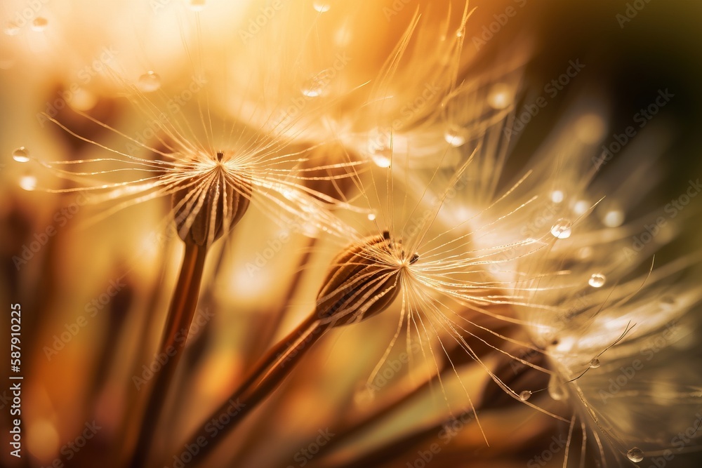 Poster a close up of a dandelion with drops of water on it's petals and a blurry background of the dandelio