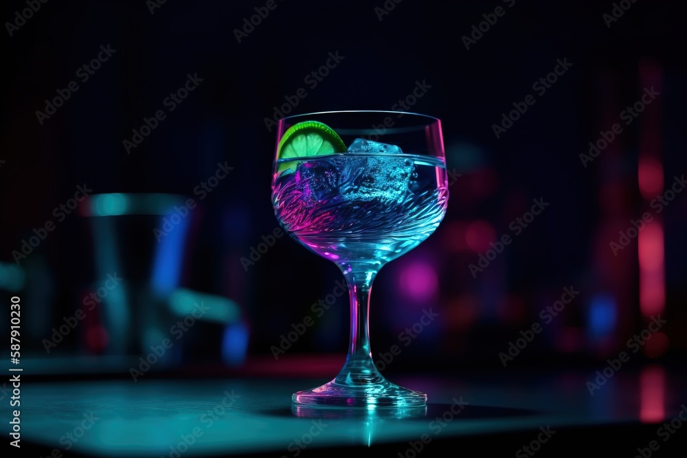 Poster a glass with a lime and a lime slice in it sitting on a table in a dark room with a neon light on th