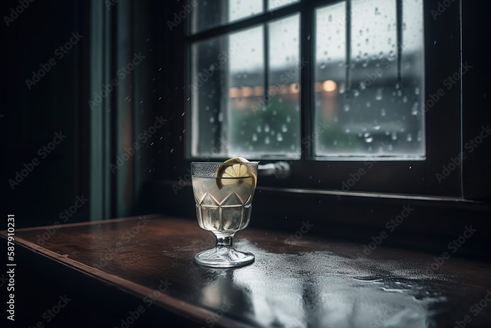 Poster a glass with a drink sitting on a table in front of a window