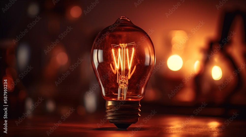 Poster  a light bulb sitting on top of a table next to a bottle of wine in a room filled with bottles of wine and a light.  generative ai