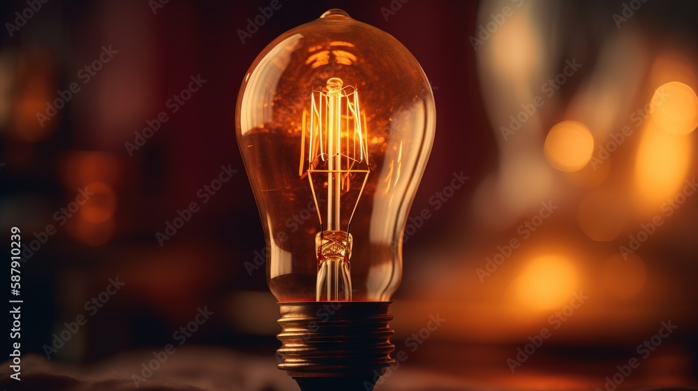 Poster a close up of a light bulb with a blurry background of a table and a lamp on a table top with a blur