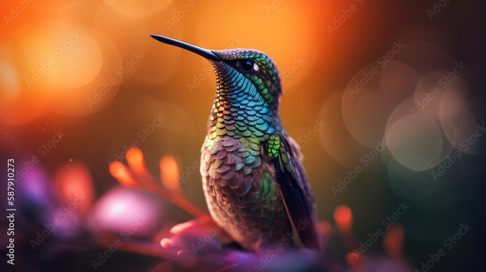 Poster a colorful hummingbird perched on top of a tree branch with blurry lights in the backround behind it