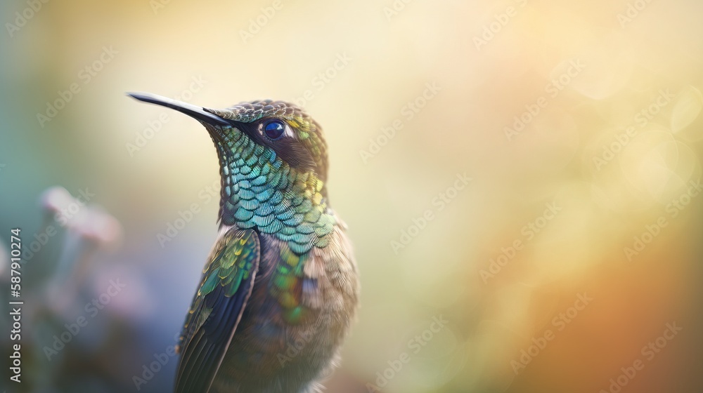 Poster  a colorful bird sitting on top of a tree next to a tree branch with flowers in the foreground and a blurry background behind it.  generative ai
