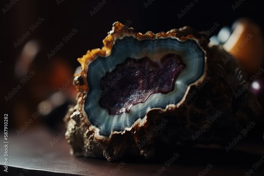 Aufkleber a piece of agate with a purple substance inside of it on a wooden surface with other objects in the 