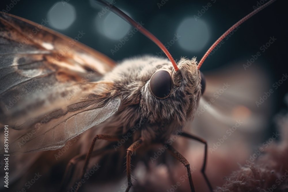 Poster a close up of a moth with a blurry back ground and a blurry background of lights in the background a