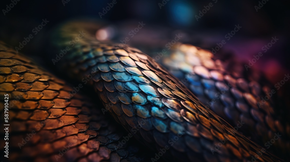 Poster a close up of a snake's skin with a blurry background and a blurry image of a snake's head in the fo