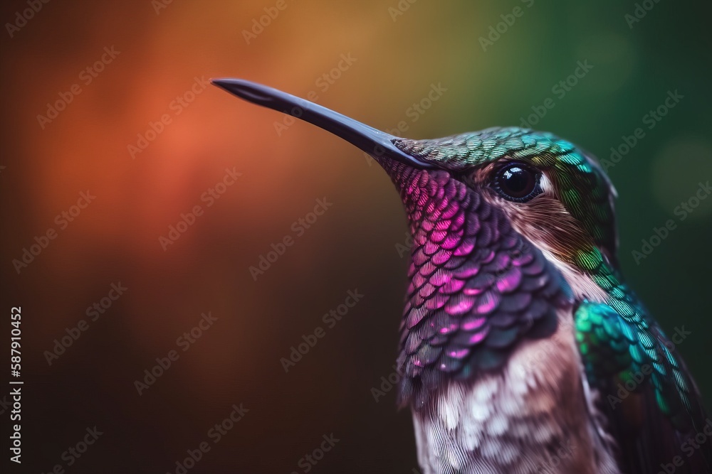 Poster a hummingbird with a long beak and a green and purple tail is standing in front of a blurry backgrou
