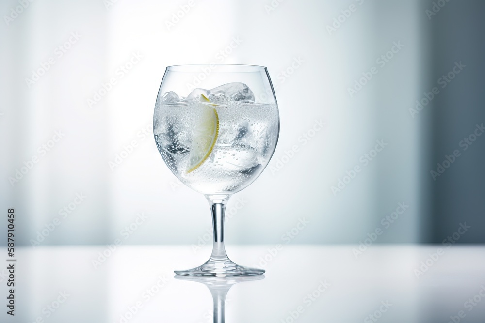 Poster  a glass filled with ice and a lemon slice on top of a table with a blurry wall in the background of the background.  generative ai