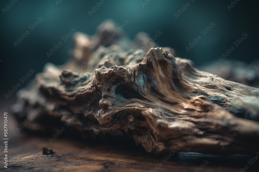 Poster a close up of a piece of wood on a wooden table with a blurry image of a tree trunk in the backgroun