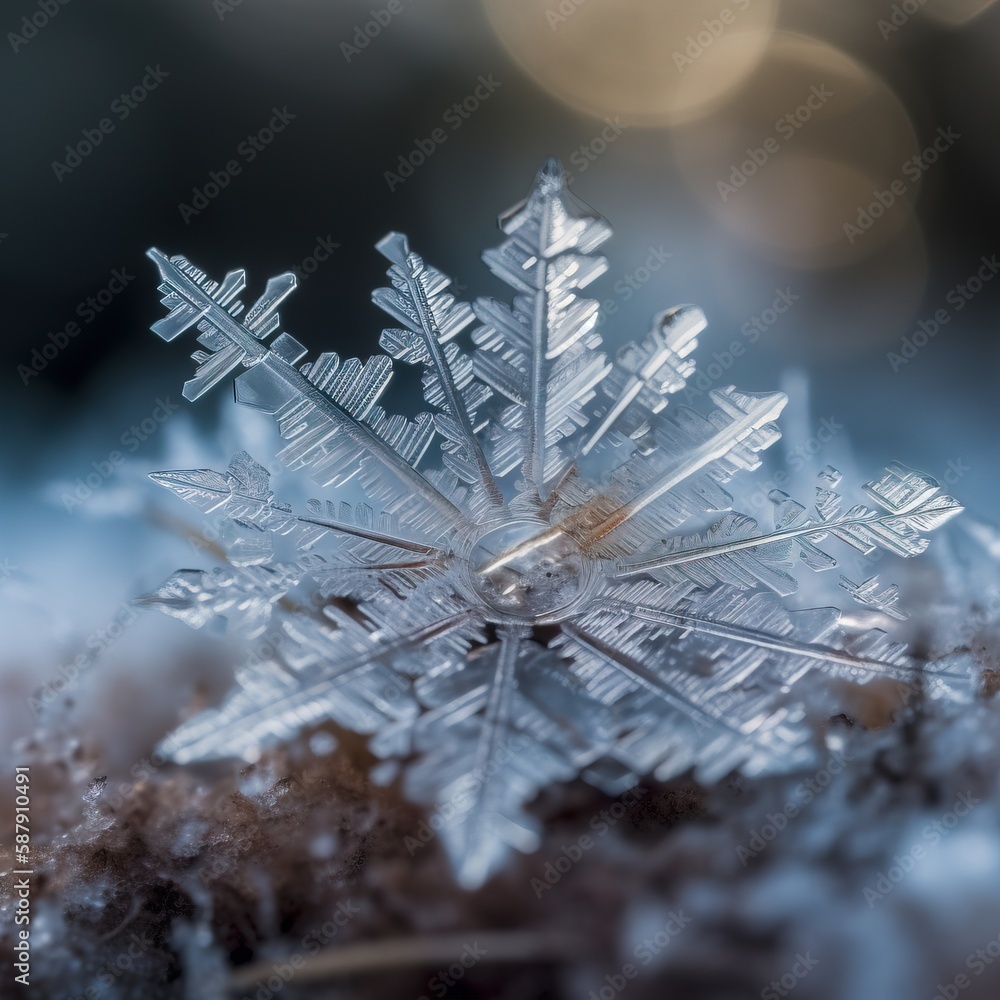 Poster a close up of a snowflake with a blurry image of the snow flakes in the background and a blurry imag