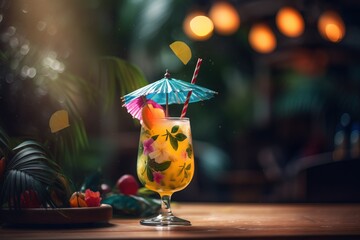  a colorful drink with a blue umbrella on a table with a plate of fruit and a bowl of fruit on the side of the table.  generative ai