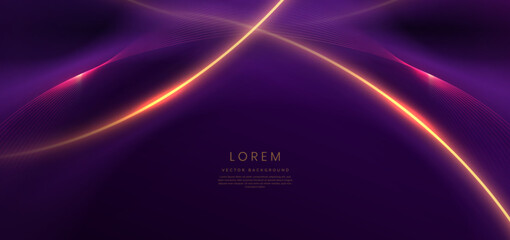 Luxury dark purple background with golden line curved and lighting effect.