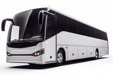White Tour Bus Isolated on White Background, Generative AI