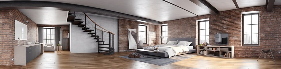 Fototapeta na wymiar Panorama of loft apartment interior 3d rendering
