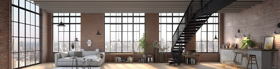 Panorama of loft apartment interior 3d rendering