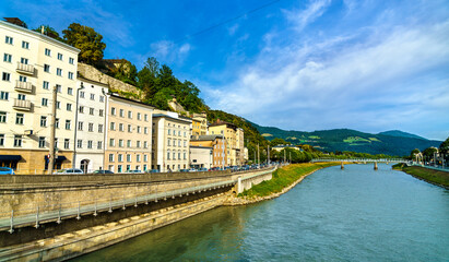 Fototapeta na wymiar View of the Salzach river in Salzburg, Austria