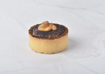 mini bake cute crisp creamtart with colourful flavour like chocolate coffee walnut, golden blueberry, strawberry osmanthus, mango vanilla in crystal plastic box on white marble pastry halal party menu