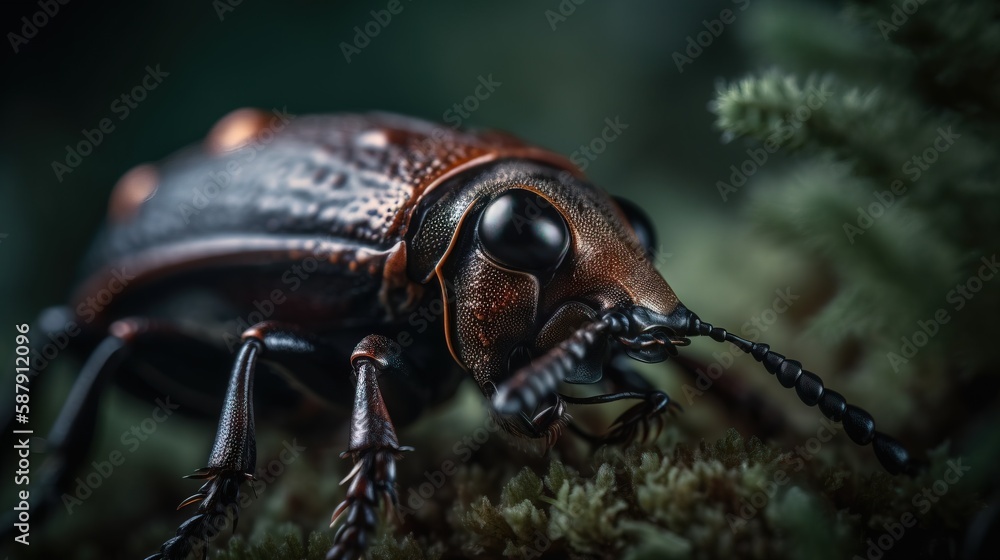 Poster a close up of a bug on a plant with other plants in the background and a blurry image of a bug in th