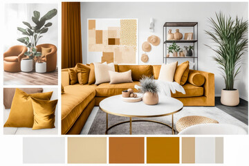 Modern Living Room Mood Board With Color Palette Interior Collage Design Idea.