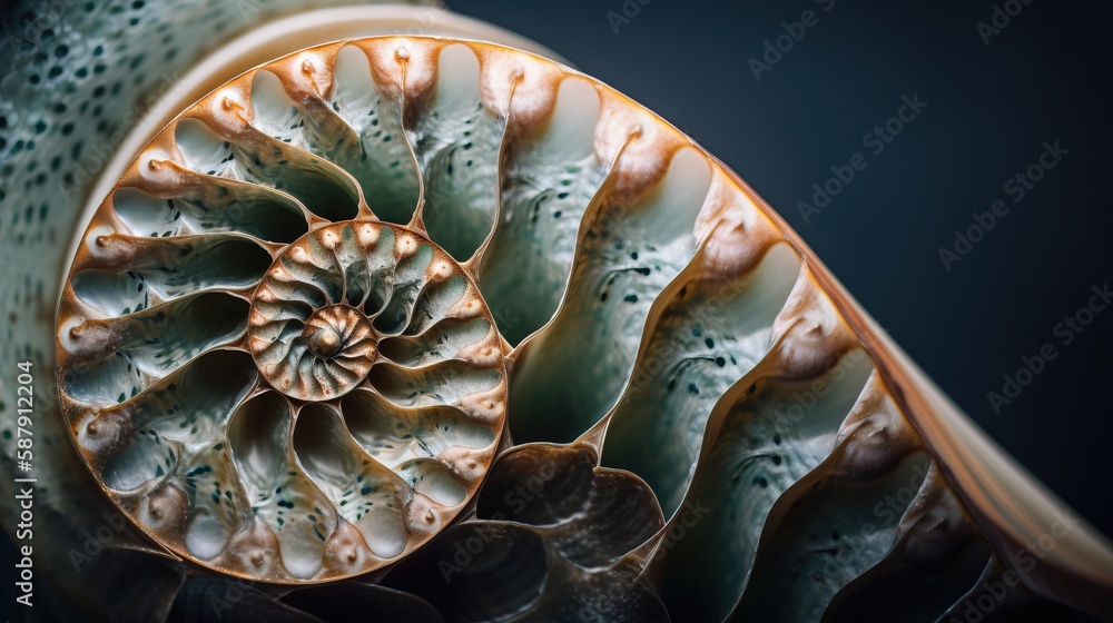 Poster a close up view of a nautilus shell on a black background with a green center and a brown center wit