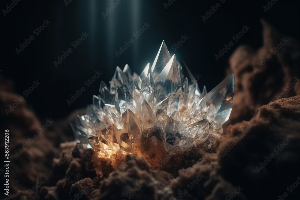 Poster a cluster of crystal crystals on a rock in a dark room with light coming from behind it and a beam o
