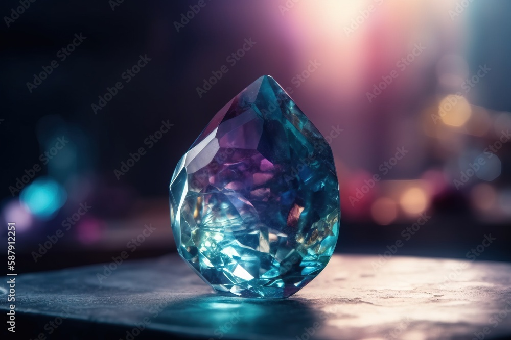 Poster a blue diamond sitting on top of a table next to a blurry background of lights and a building in the