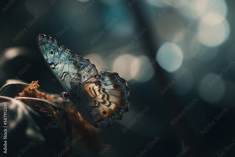 Poster a blue butterfly sitting on a leaf in a forest with boke of light in the background and a blurry bac