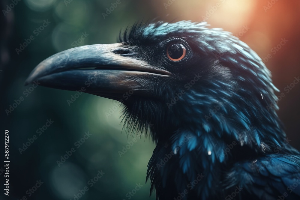 Poster a close up of a black bird with a blurry back ground and a tree in the background with a light shini