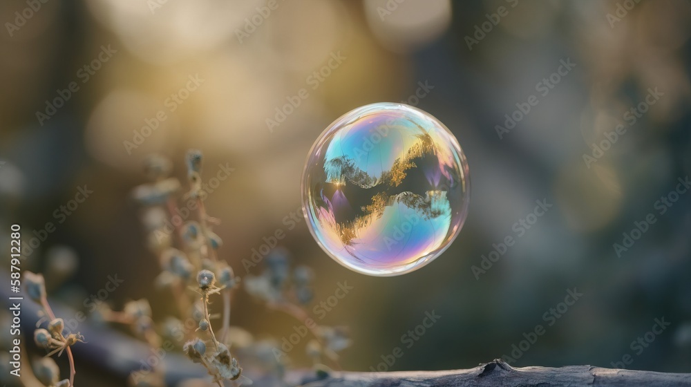 Poster a soap bubble floating in the air over a tree branch with a sky in the back ground and clouds in the