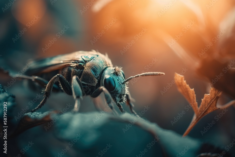 Poster a close up of a fly on a leaf with a bright light in the backround behind the image of the fly on th