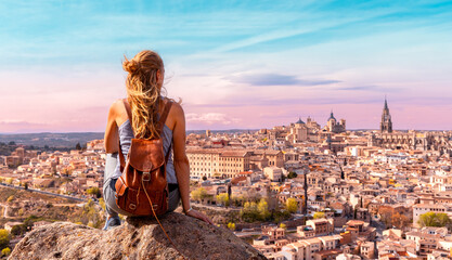 Woman contempling Toledo panoramic view in Spain - obrazy, fototapety, plakaty