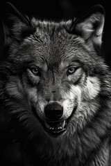 wolf facing forward, he is snarling aggressively, black and white, Generative AI