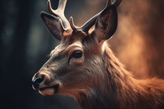 a close up of a deer's head with antlers on it's head and a forest in the back ground behind it.  generative ai