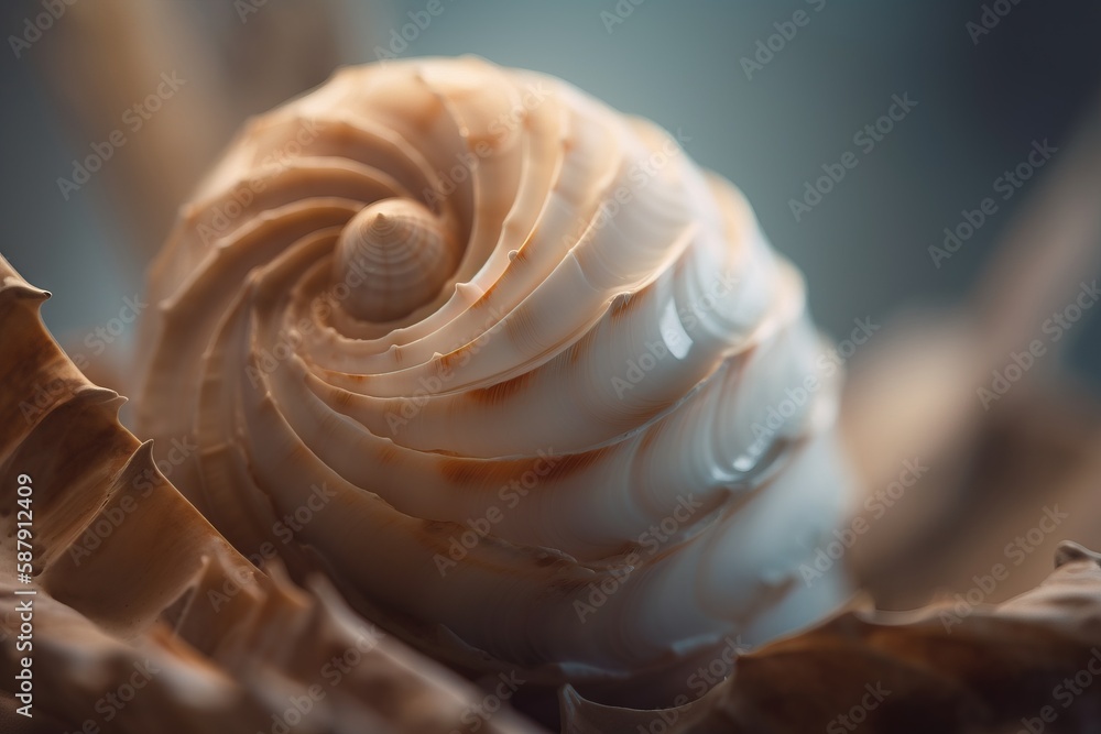 Aufkleber a close up of a shell on a blue background with a blurry image of a snail's shell in the center of t
