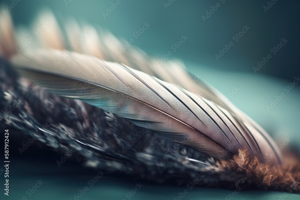 Poster a close up of a feather with a blurry back dropper to the left of the feather and a blurry back drop