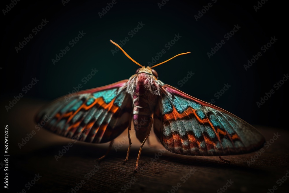 Poster a colorful moth sitting on top of a wooden table next to a black background with a green light behin