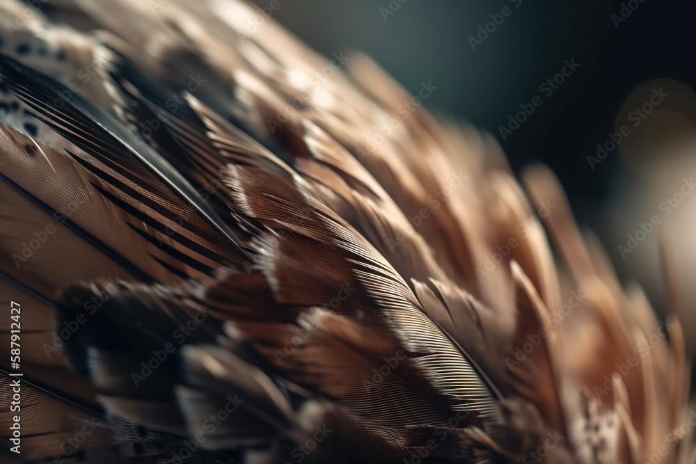 Poster a close up of a bird's feathers with a blurry back dropper in the middle of the image and a blurry b