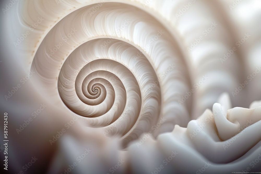 Poster  a close up view of a white shell with a spiral design on it's shell, with a soft, blurry background to the middle part of the image.  generative ai