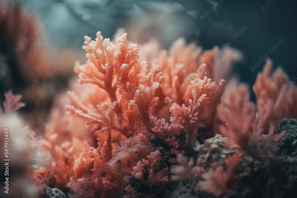Poster a close up of some corals on a reef in the ocean with a blurry background of the corals and the wate