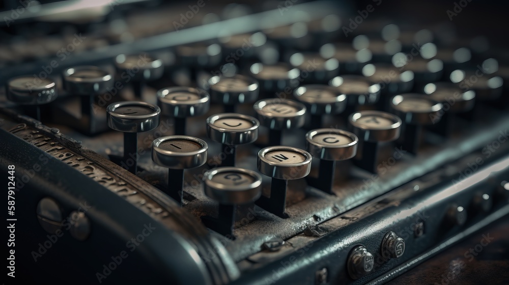 Poster a close up of an old typewriter with many knobs on it's keys and a black case with a black handle an