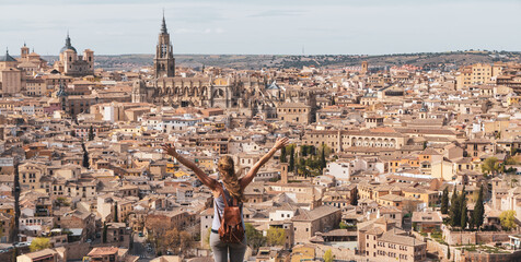 Tour tourism in Toledo panoramic city view- Spain - obrazy, fototapety, plakaty