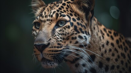 Fototapeta na wymiar a close up of a leopard's face with a blurry back ground and a blurry back ground behind the leopard's head. generative ai