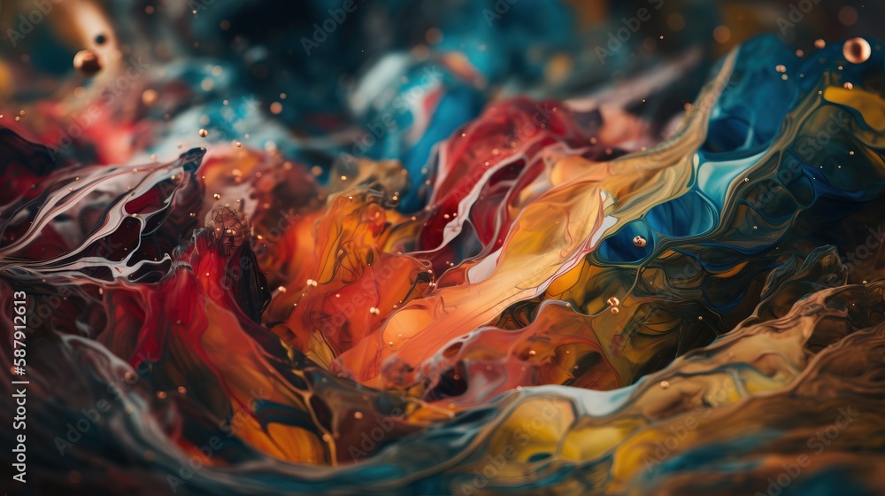 Poster an abstract painting of multicolored waves and bubbles of water on a black background with a drop of