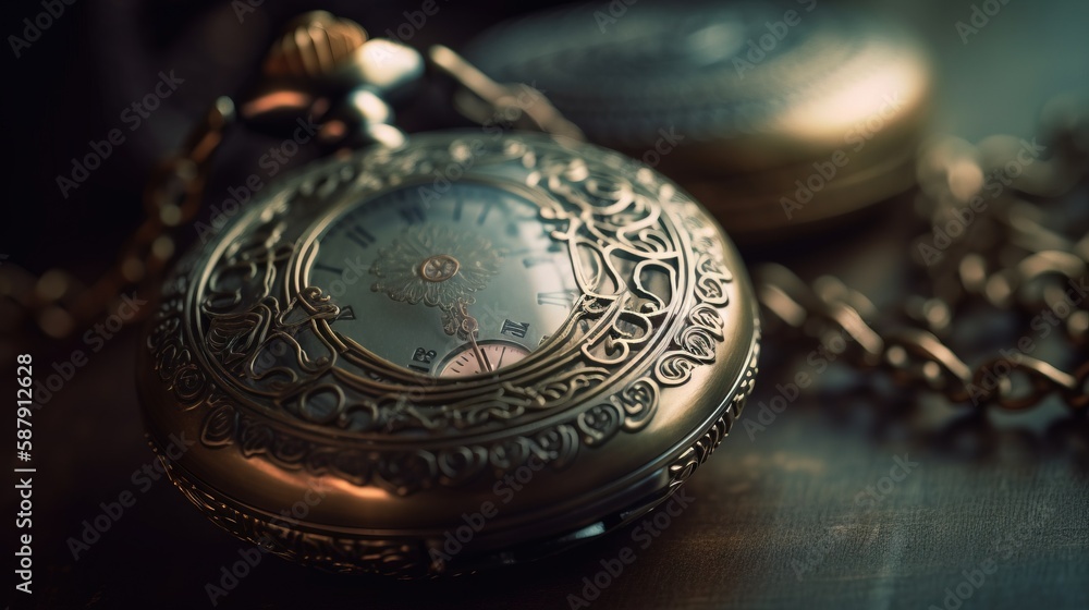 Poster a close up of a pocket watch on a table with a chain attached to the watch face and a chain around t