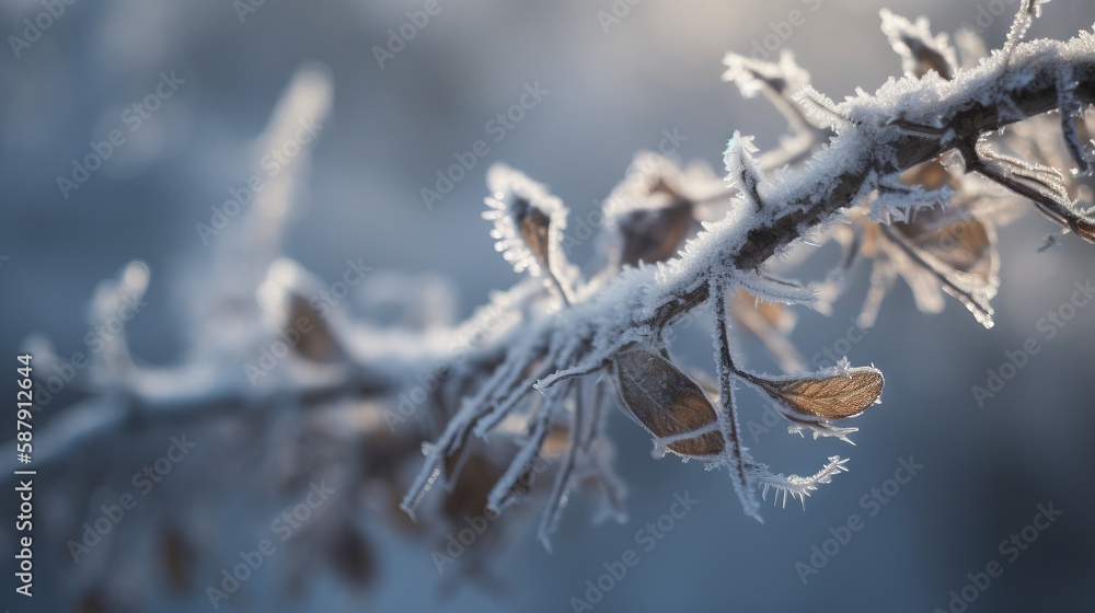 Poster a close up of a tree branch with ice on it's branches and leaves covered in snow and ice crystals on