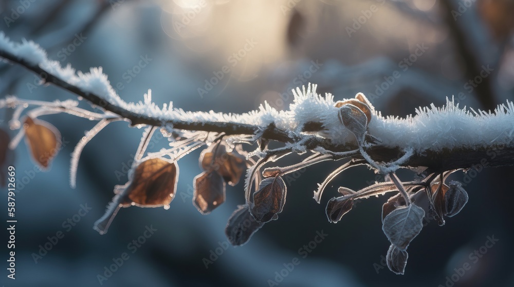 Poster a close up of a tree branch with frost on the branches and leaves on the branches with the sun shini