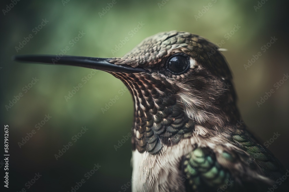 Poster a close up of a hummingbird with a blurry back ground and a blurry background of trees in the backgr