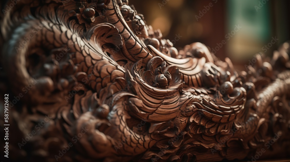 Poster a close up of a dragon sculpture on a table top with a blurry background of the image of a building 