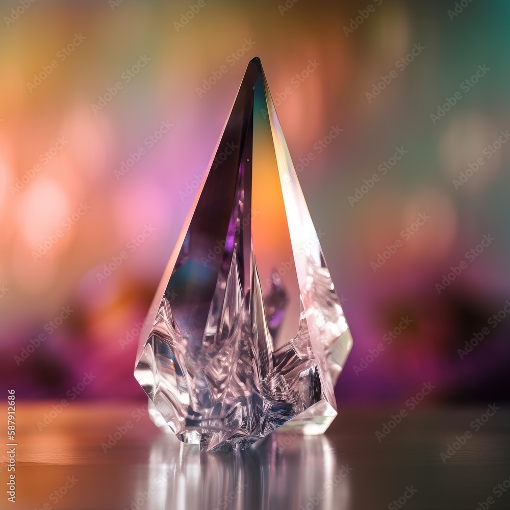 Poster a crystal pyramid sitting on top of a table next to a blurry background of a building with lights in